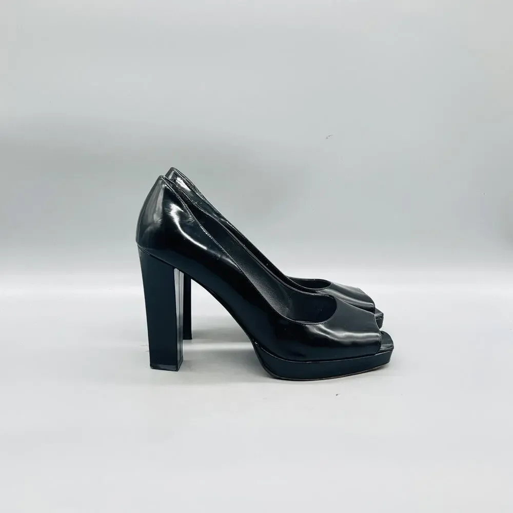 Stuart Weitzman Shoes Womens 8 Black Patent Platform Peep Toe Block Heel Pumps